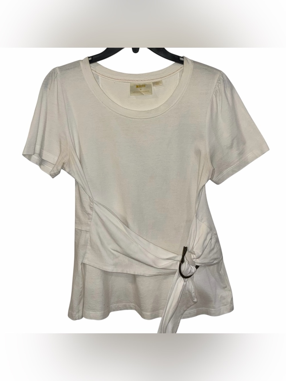 Maeve by Anthropologie White Short Sleeve Top with Side Ring Tie Size Small